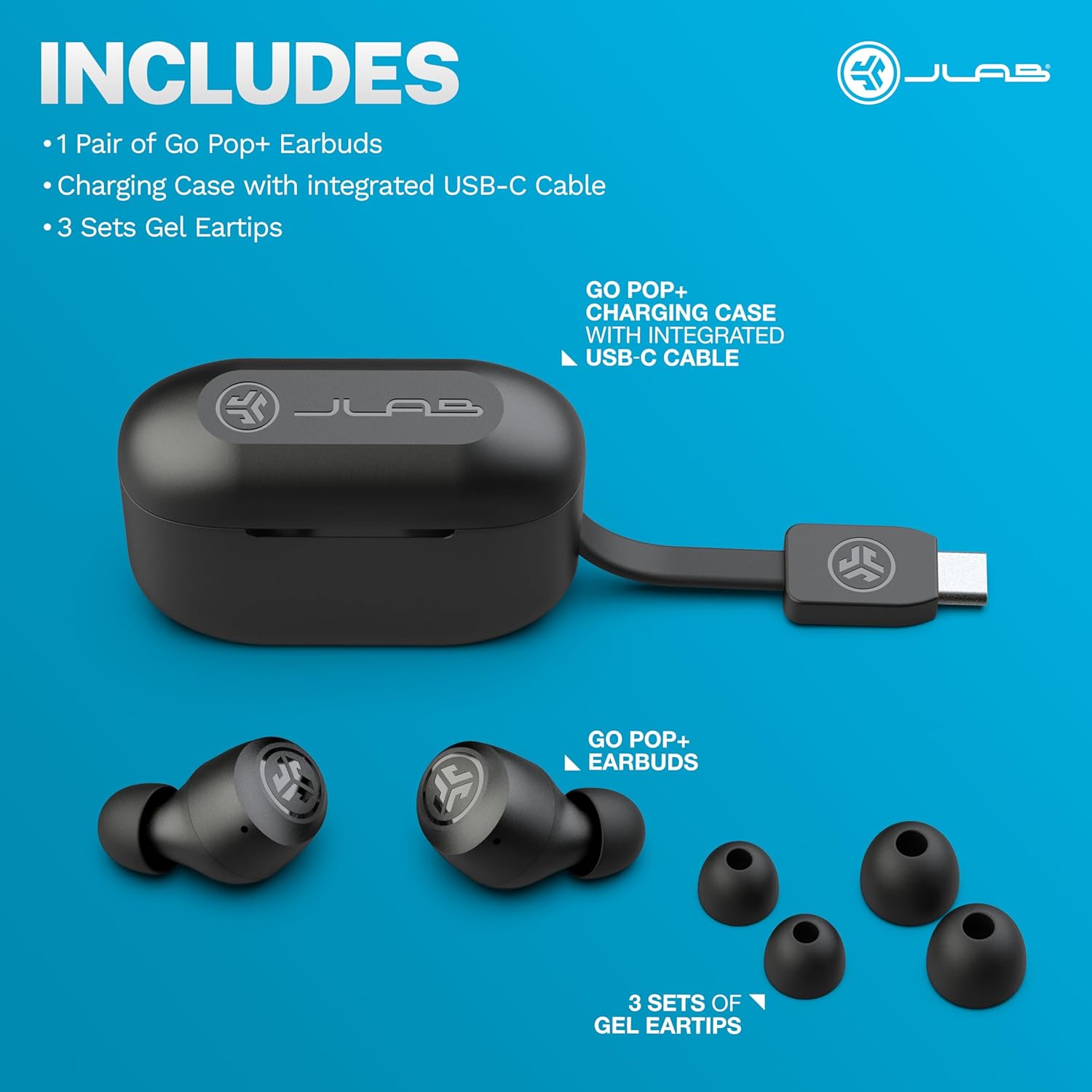 JLab Go Pop+ True Wireless Bluetooth Earbuds & Charging Case - Black, App Support, Dual Connect, IPX4 Sweat Resistance, Bluetooth 5 Connection, 3 EQ Sound Settings Signature, Balanced, Bass Boost